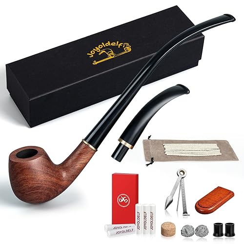 Joyoldelf Churchwarden Rosewood Tobacco Pipe - Handmade Smoking Pipe with Replaceable Short Stem, Wooden Pipe Set with Gift Box and Accessories for Beginners and Enthusiasts