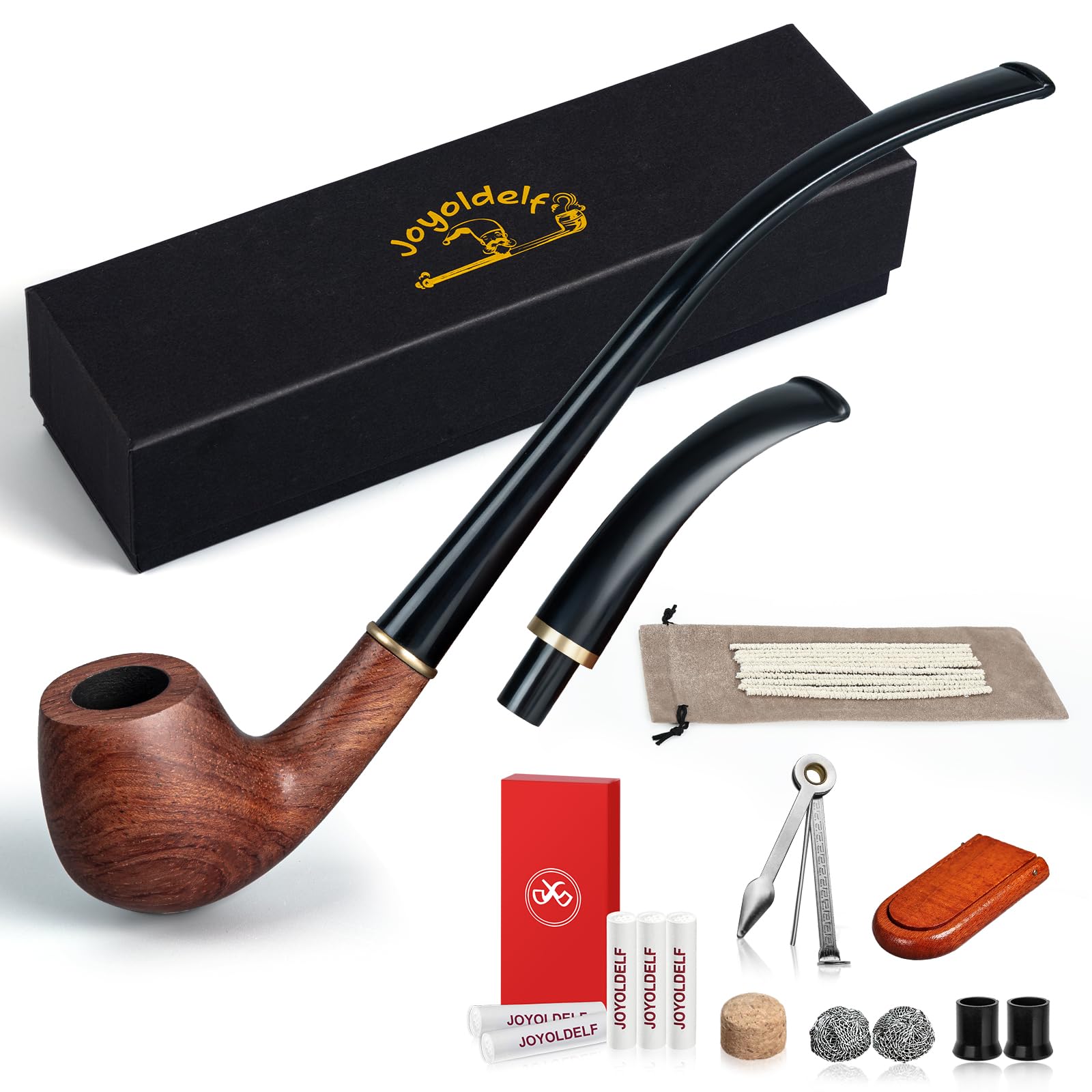 Joyoldelf Churchwarden Rosewood Tobacco Pipe - Handmade Smoking Pipe for Beginners and Enthusiasts with Replaceable Shor 