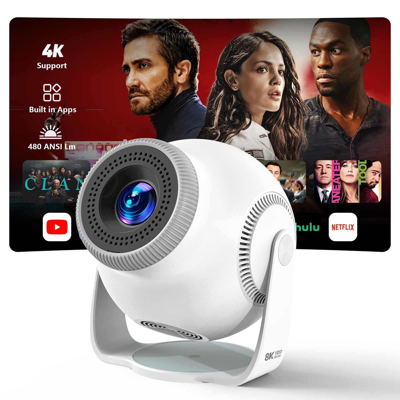 [App integrata] Mini proiettore portatile WiFi 6 e Bluetooth 5.4, 480 ANSI Lumens, proiettore 1080P e decodifica 4K, proiettore video per camera, home theater e outdoor