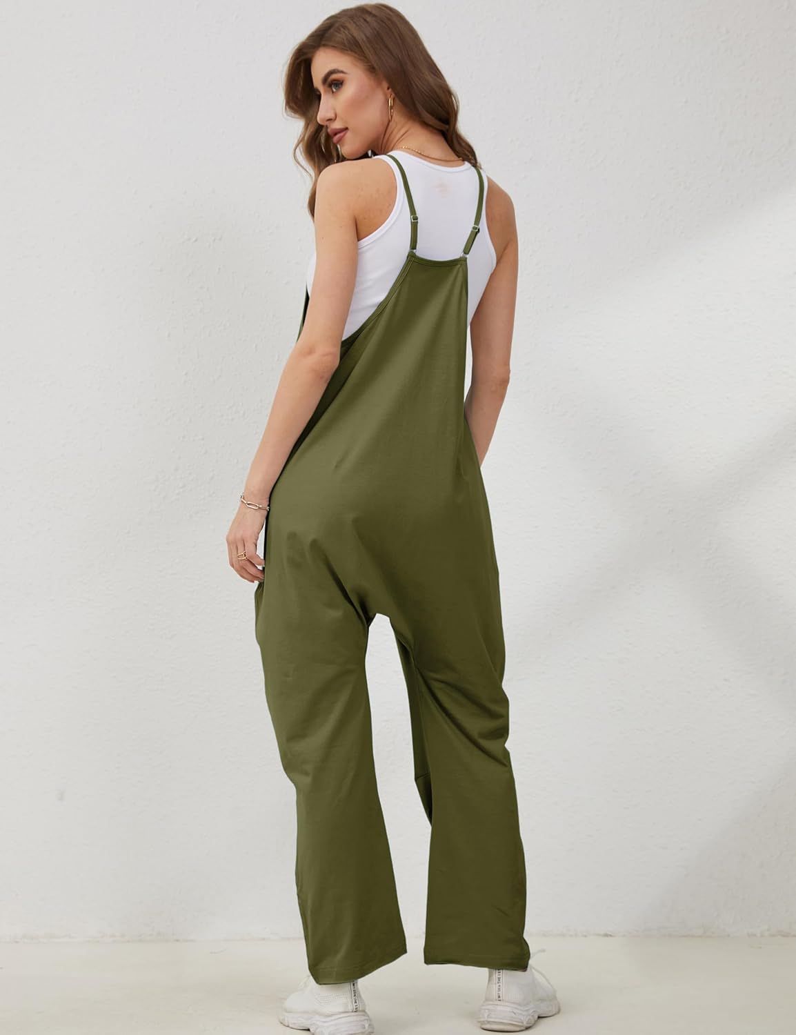 Lentta Women's Causal Jumpsuits V Neck Sleeveless Harem Overalls Stretchy Adjustable Strap Romper with Pockets