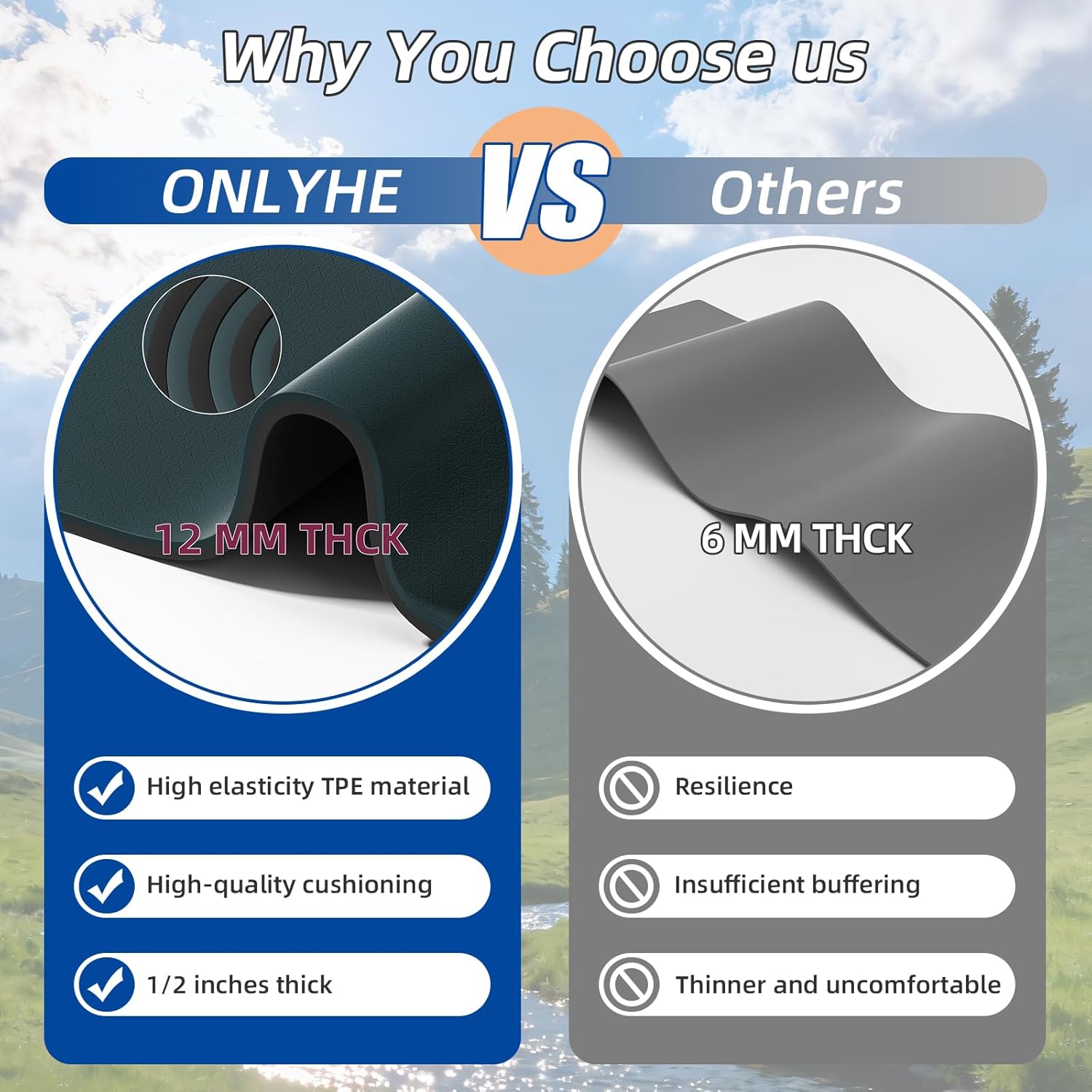 Extra Thick 12mm TPE Exercise Yoga Mat with Strap, 1/2 Inch Non-slip Workout Mat for gymnastics, Pilates, Home, Workout, Gym Floor Fitness - Image 3