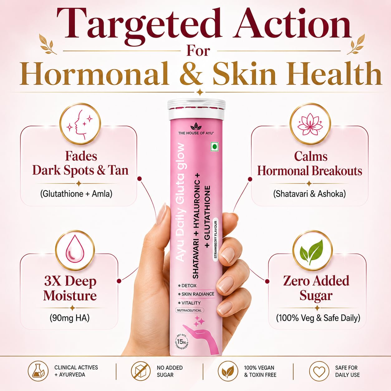 AYU Gluta Glow - Hormonal Acne & PCOS Skin Care Effervescent Tablets (15s) | Clears hormonal acne & dark spots with Shatavari, Ashoka, 90mg Hyaluronic Acid
