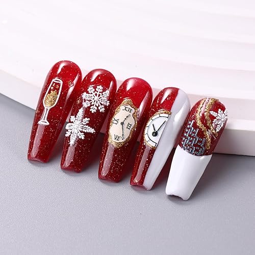 Miniatura 7 de Calcomanías coloridas de Navidad para arte de uñas, calcomanías 5D en relieve de copo de nieve de invierno, calcomanías de uñas con purpurina para