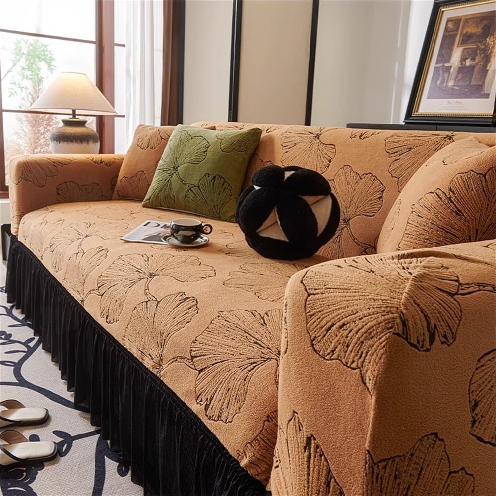 Housse de canapé élastique à volants pour grand canapé 4 à 5 places de 235 à 300 cm en tissu peluche