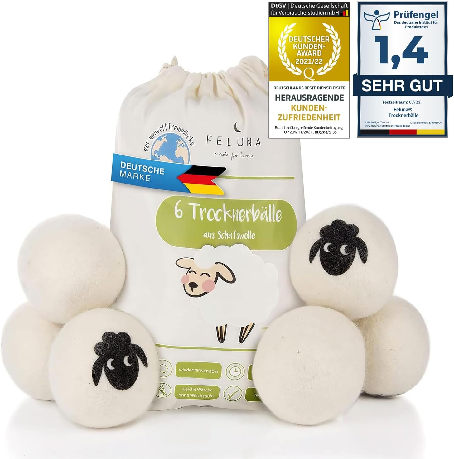 FelunaEco Dryer Balls XXL Set of 6 100% Sheep's Wool for Tumble Dryers - Natural Fabric Softener Wash Balls for Down, Cotton and Much More
