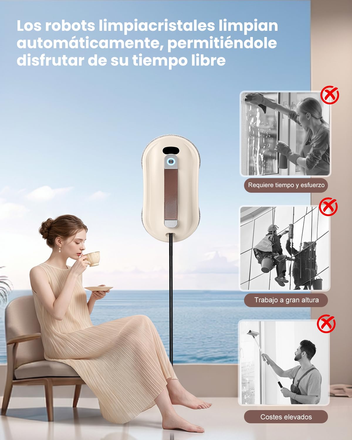 Robofun Robot limpiacristales, Limpia Cristales Eléctrico Ventanas 6000Pa | Doble Sistema de Pulverización, Depósito 100ml, Múltiples Sistemas de Seguridad para Limpieza Automática De Ventanas