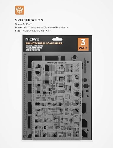 Miniatura 6 de Nicpro Herramientas de dibujo arquitectónico, 3 plantillas para muebles de plan de casa, cocina, edificio, diseño de interiores, dibujo en CAD,