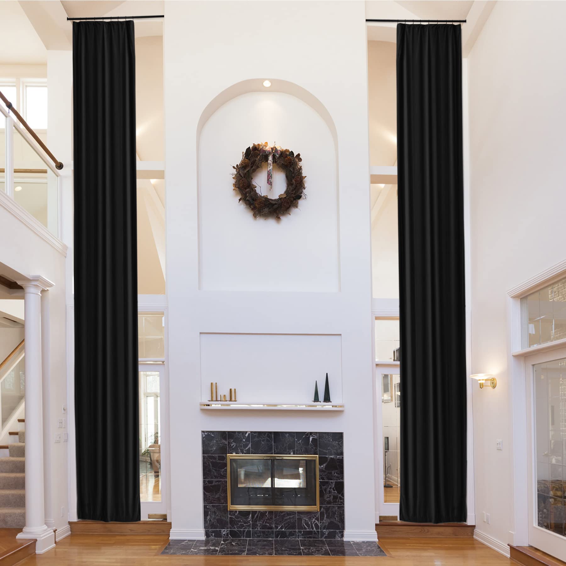 Fcosie Extra Long 4-in-1 Header Design Curtains - Custom Made Soft Velvet Drapes 10 to 24 feet Length - Room Darkening Window Panels in Black - High