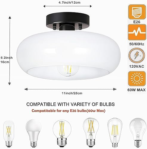 Miniatura 8 de Lámpara de techo semiempotrada, lámpara moderna de mediados de siglo de 11 pulgadas, accesorios de iluminación negros para pasillo con pantalla de