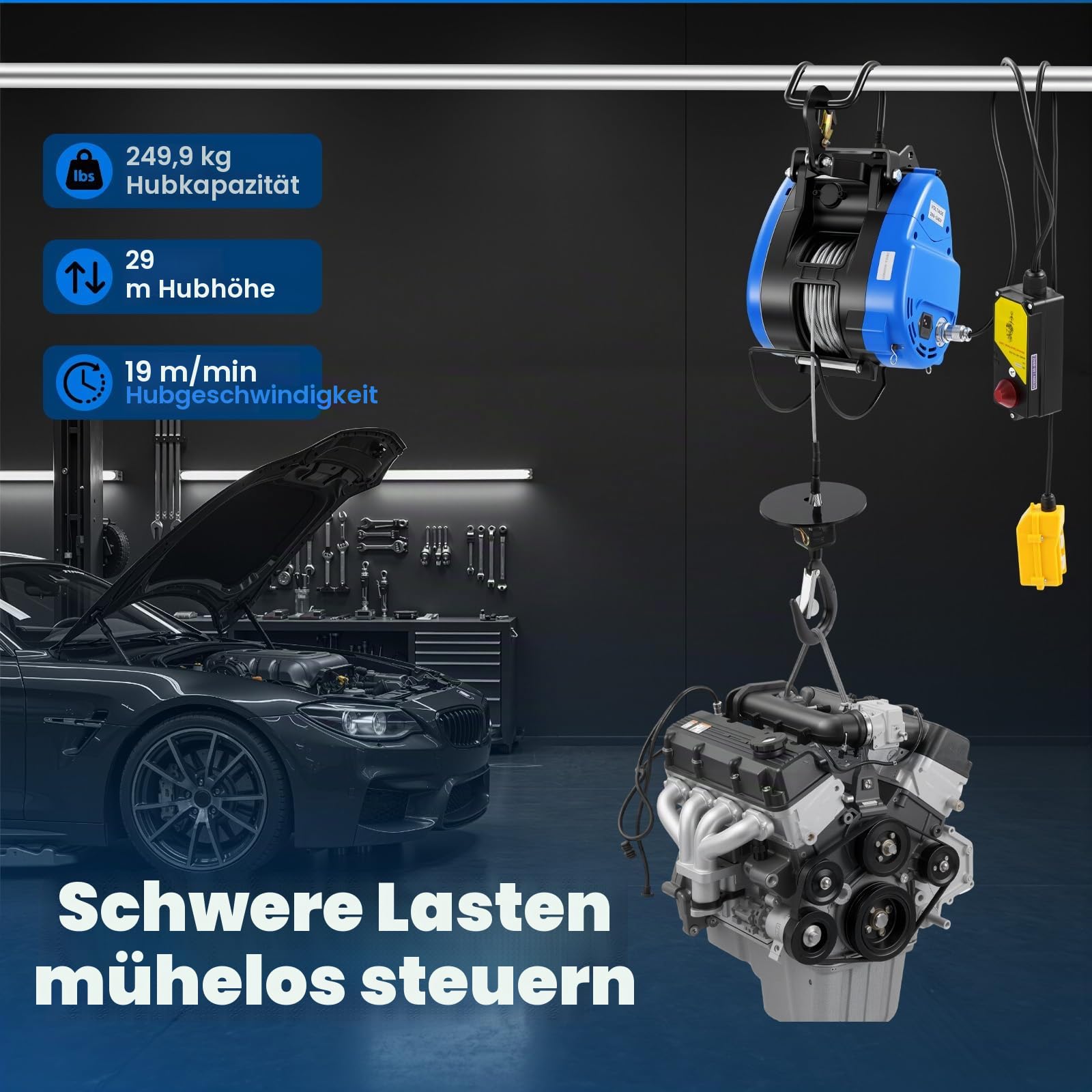Seilwinde Elektrisch 250KG, 1500W 230V Seilzug Elektrisch | mit Kabellose Fernbedienung, Hebehöhe 29m, Hubgeschwindigkeit 19m/min, IP40 Hebezug für die Landwirtschaft, Fabriken, Docks