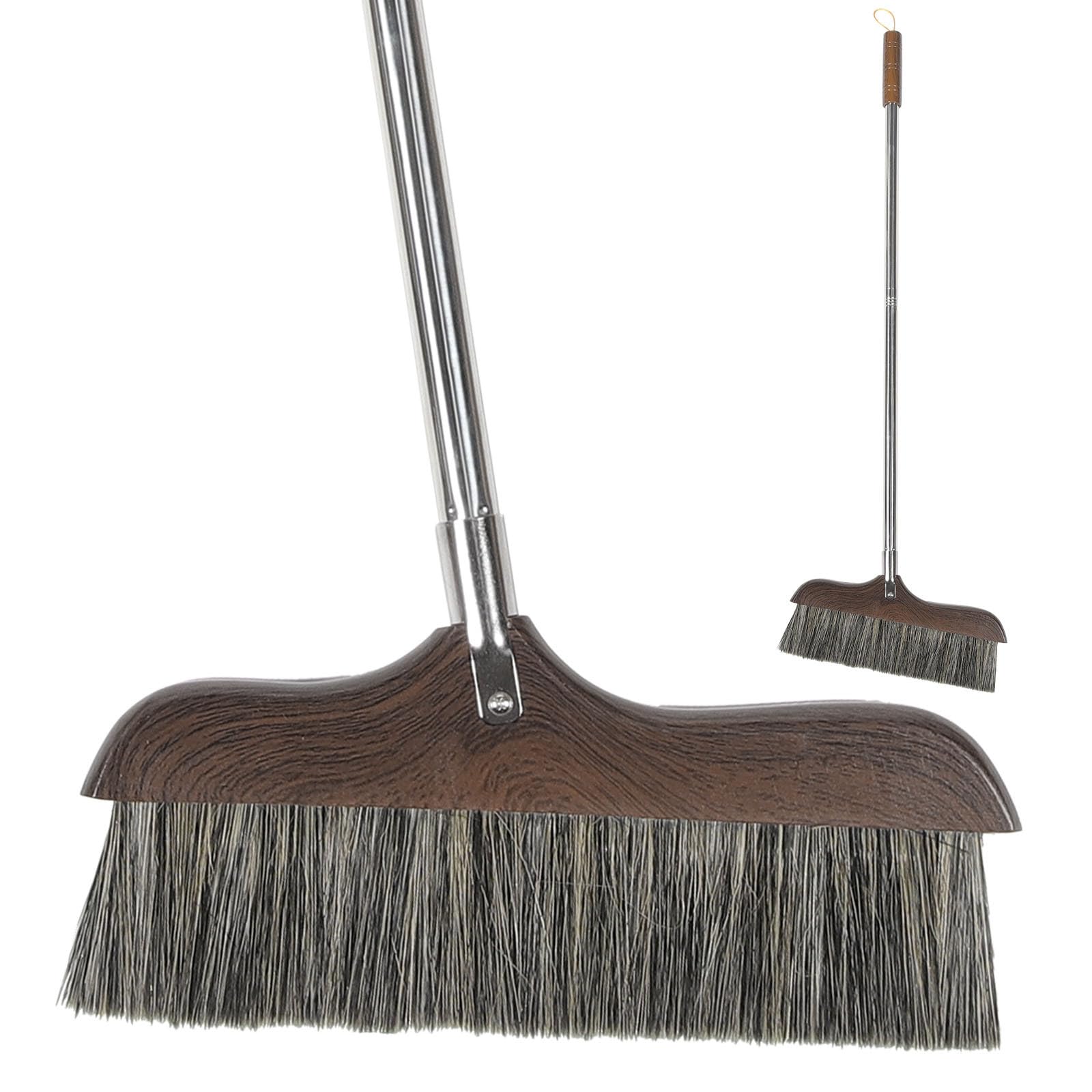 POPETPOP Escoba de Pelo de Cerda Negra para Limpieza del Hogar, Mango Largo de Acero Inoxidable de 90 Cm, Escoba Antiestática de Cerdas Suaves para Interior, Cocina y Patio, Herramienta