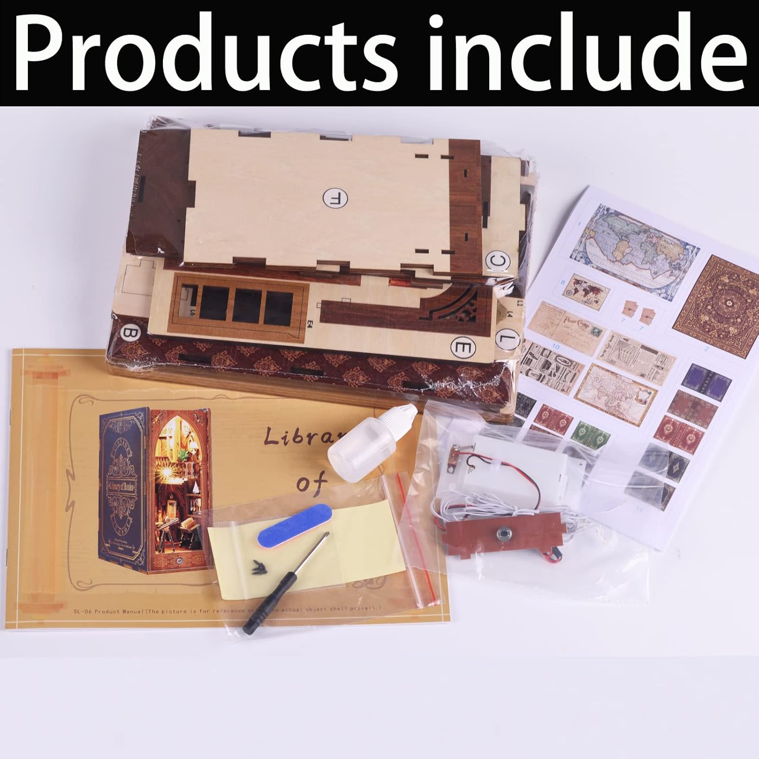 3D Wooden Magic Library Book Nook Kit - Enchanting Bookshelf Insert with Touch LED | DIY Bookend Decor | Ideal for Adults & Teens (Library)