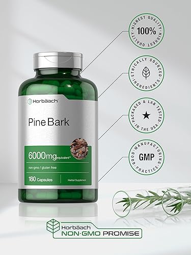 Miniatura 6 de Horbäach Extracto de corteza de pino | 6000 mg | 180 cápsulas | estandarizado para contener 75% de proantocianidinas | Suplemento sin OMG, sin