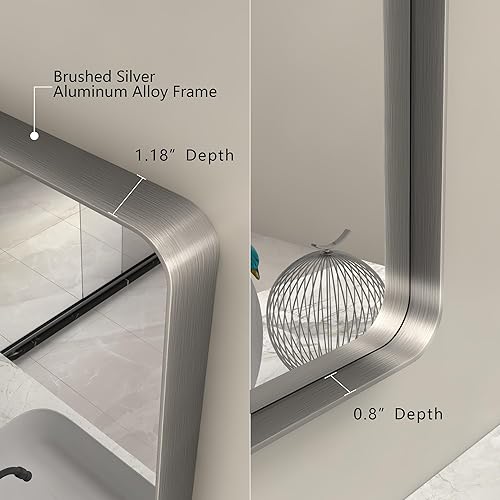Miniatura 10 de Espejo de baño plateado de 48 x 36 pulgadas, espejo de tocador de baño con marco plateado cepillado, espejo rectangular moderno, esquinas