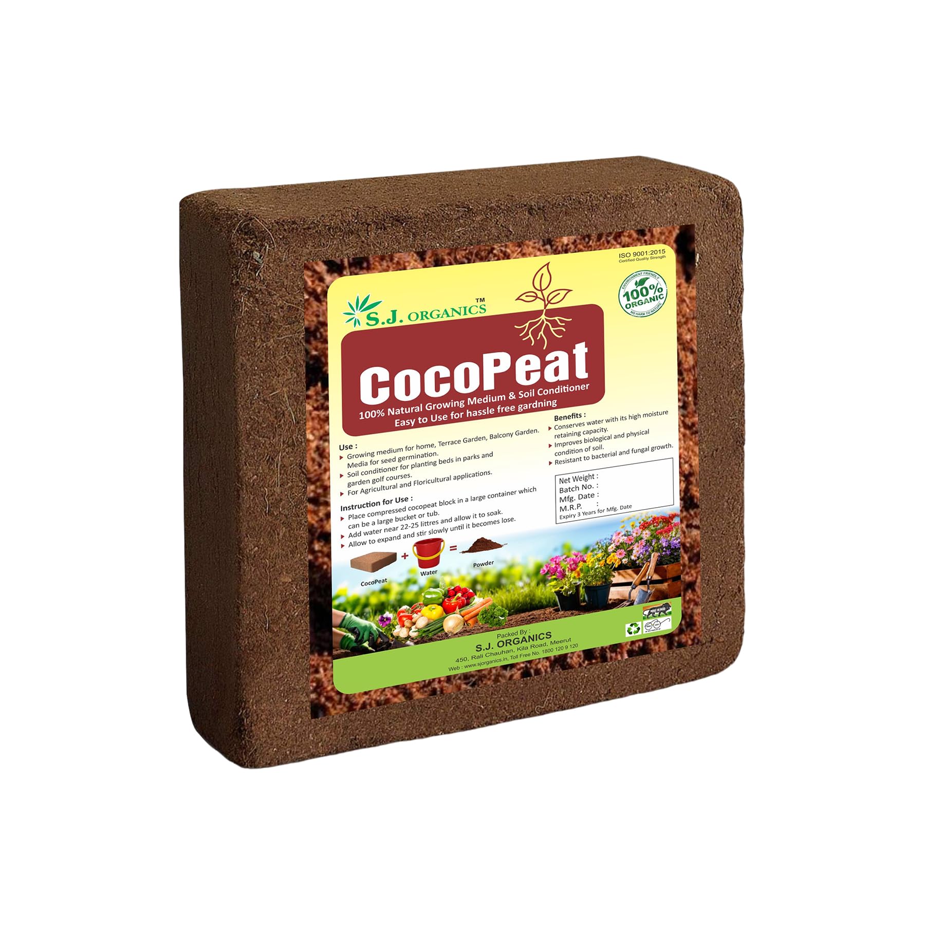 SJ Organics - Cocopeat Block 5 Kg | Natural Coconut Coir Fibres | Organic Fertilizer for Home Gardening and Potted Plants (Pack of 1 5 kg)