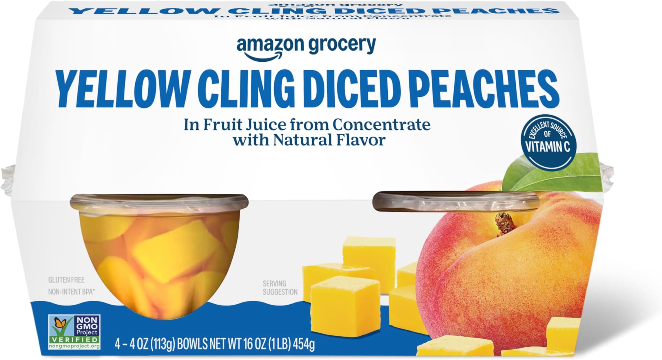 Amazon Fresh, Yellow Cling Diced Peaches in Fruit Juice, 4 Oz Bowls (Pack of 4) (Previously Happy Belly, Packaging May Vary)