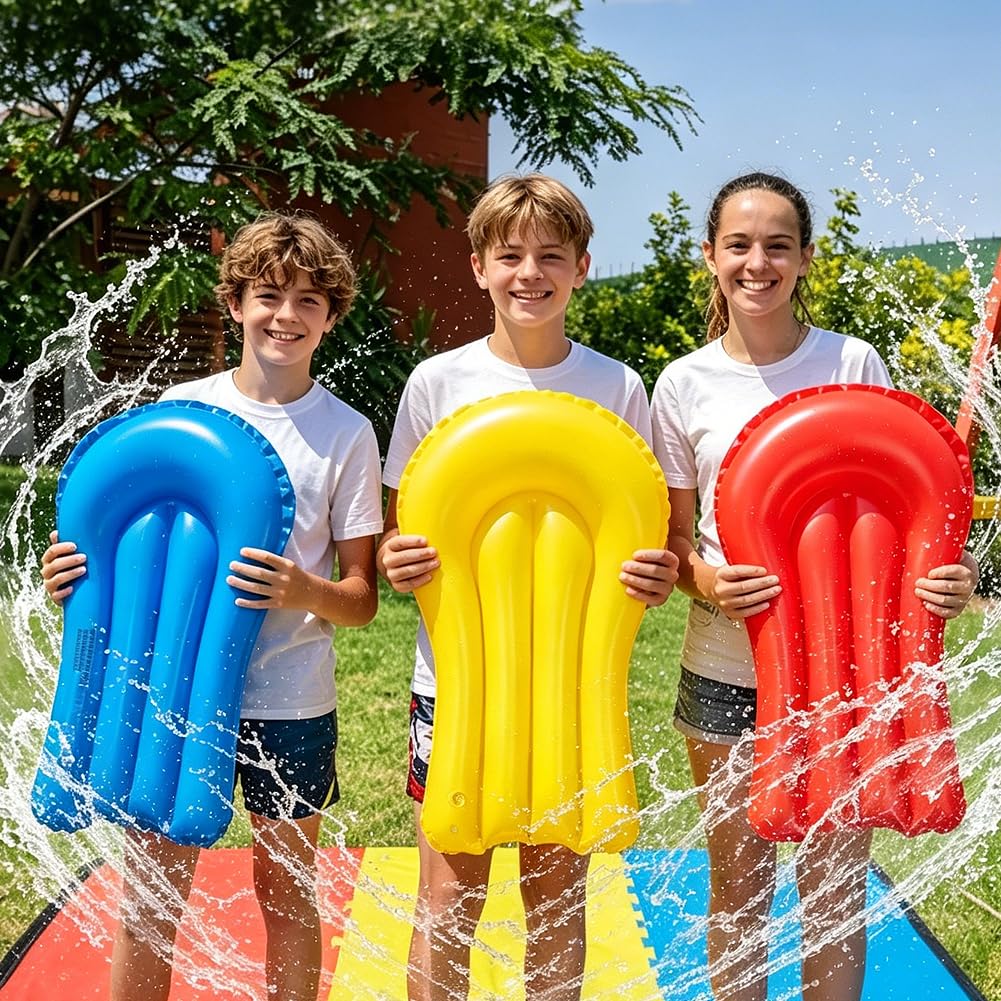 Dreifache Wasserrutsche mit 3 aufblasbaren Bodyboards, Rasenrutsche mit integriertem Sprinkler, Hinterhof, Outdoor, Sommer, Wasserspielzeug für Kinder und Erwachsene, 6 m
