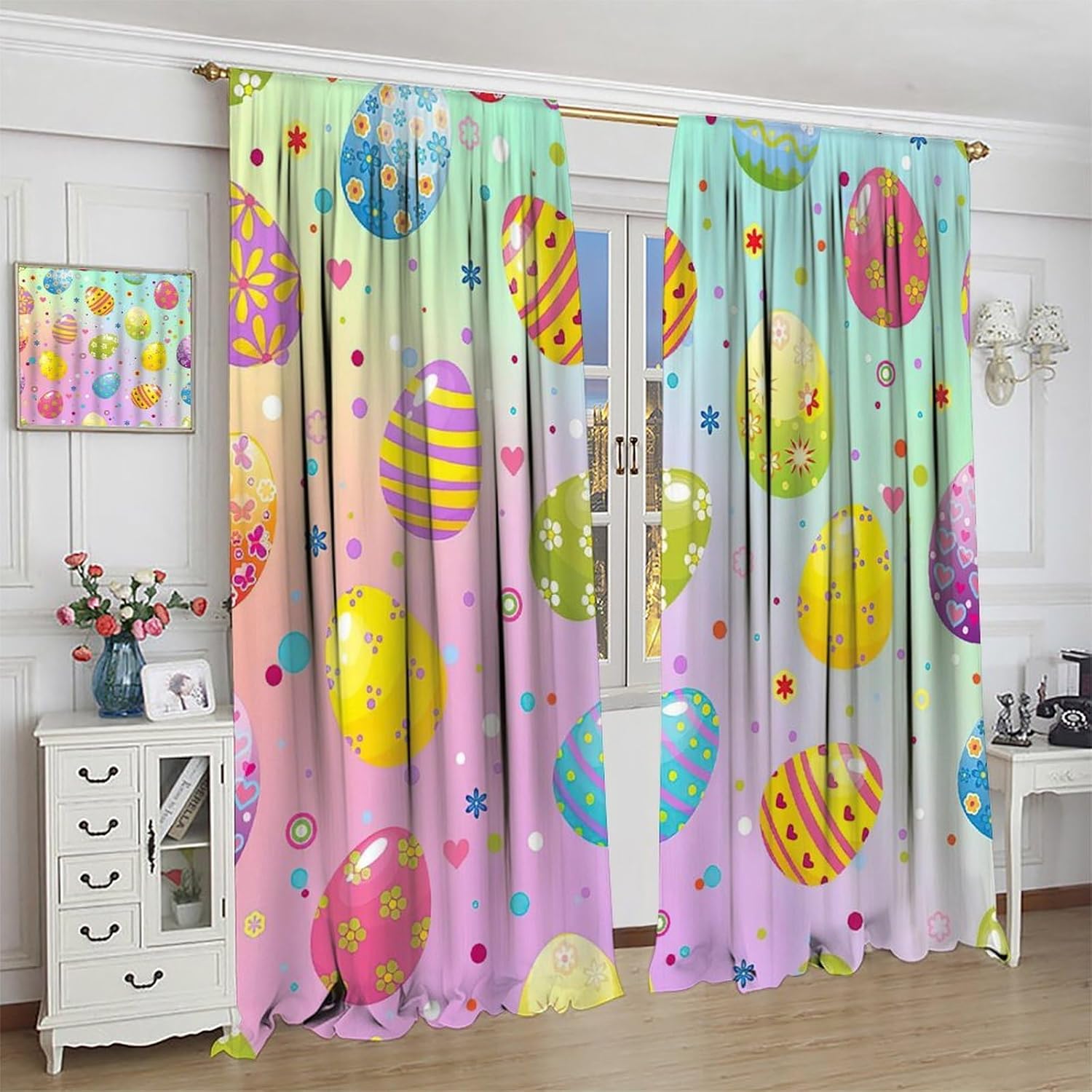 Easter Eggs Curtains, Spring Colorful Eggs Confetti Happy Easter Print Window Drapes for Kids Boys Girls Bedroom Living Room 42x63in (No Blackout)