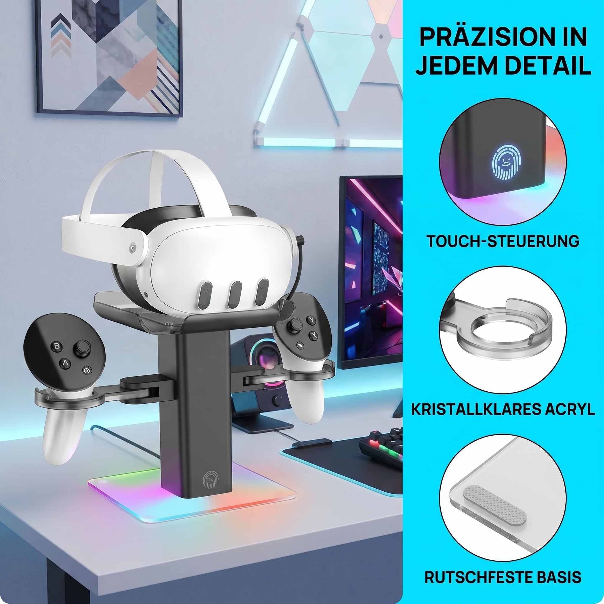 Ladegerät für Meta Quest 3S/Quest 3/Quest 2 Zubehör, Ladestation mit LED/RGB-Beleuchtung, für Controller und VR-Zubehör, Typ-C Ladeanschluss