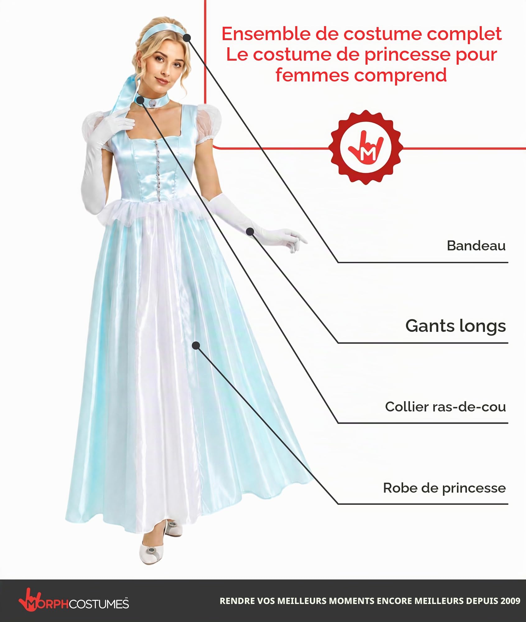 Fun Shack Deguisement Princesse Femme, Costume Cendrillon Halloween | Robe de Bal Bleue, Serre-Tête, Gants & Ras-de-Cou, Look Conte de Fées, Parfait pour Halloween, Idéal pour se Déguiser
