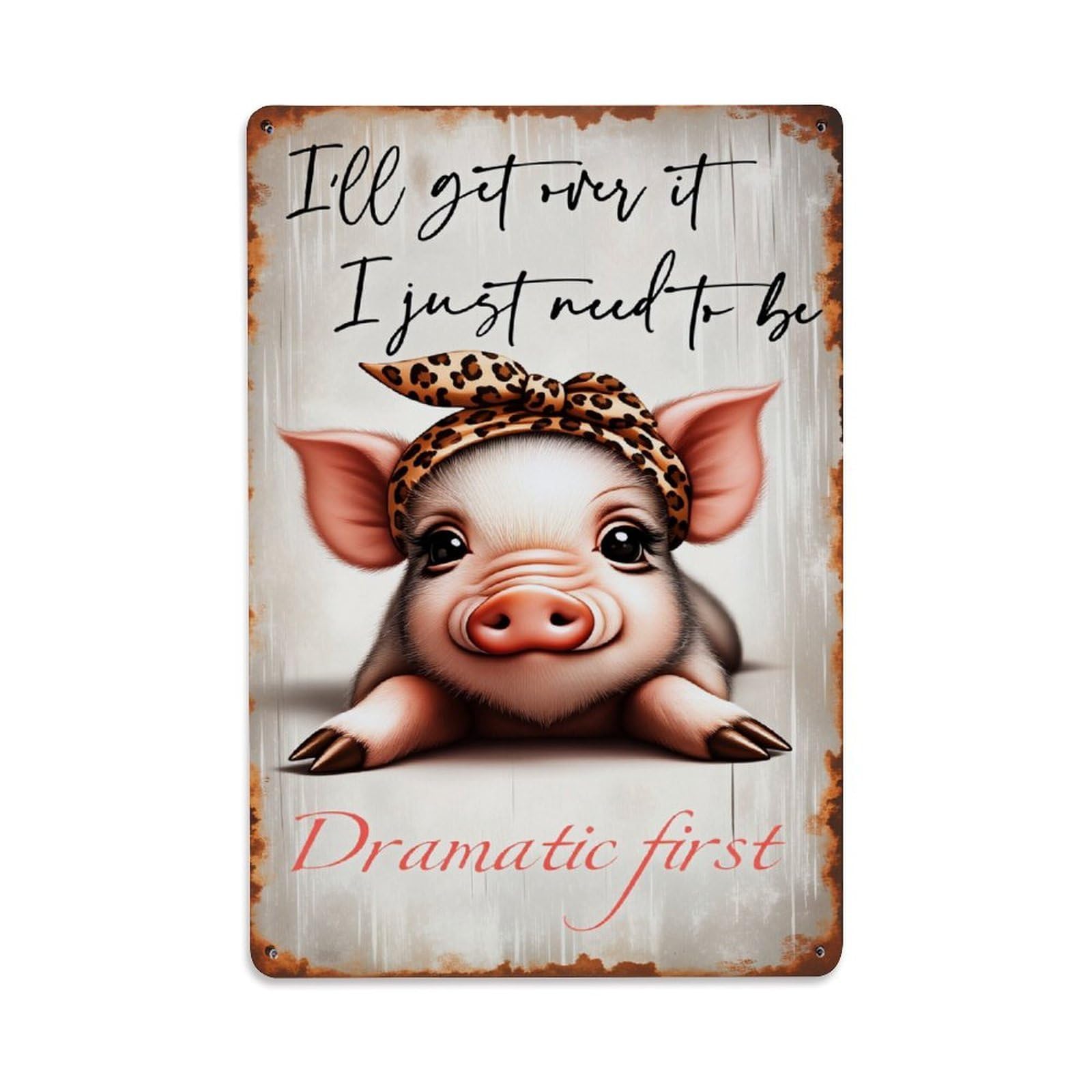 Cute Pig With Leopard Headband Retro Metal Tin Sign, Vintage Decor Art Poster for Bar, Home, Man Cave, Kitchen, Laundry Room Gift 8x12Inch