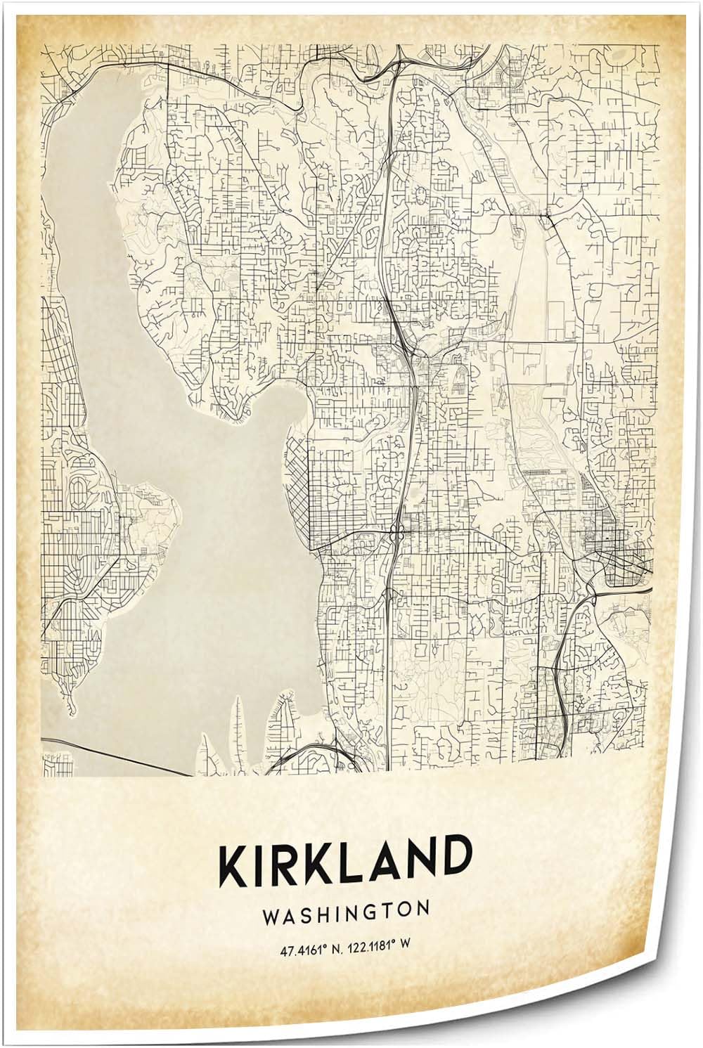 Zhumendi Kirkland Vintage Map Poster Kirkland Street Prints Washington Map of United States Poster Canvas Wall Art Pictures for Bedroom Painting Panel (12.00''x