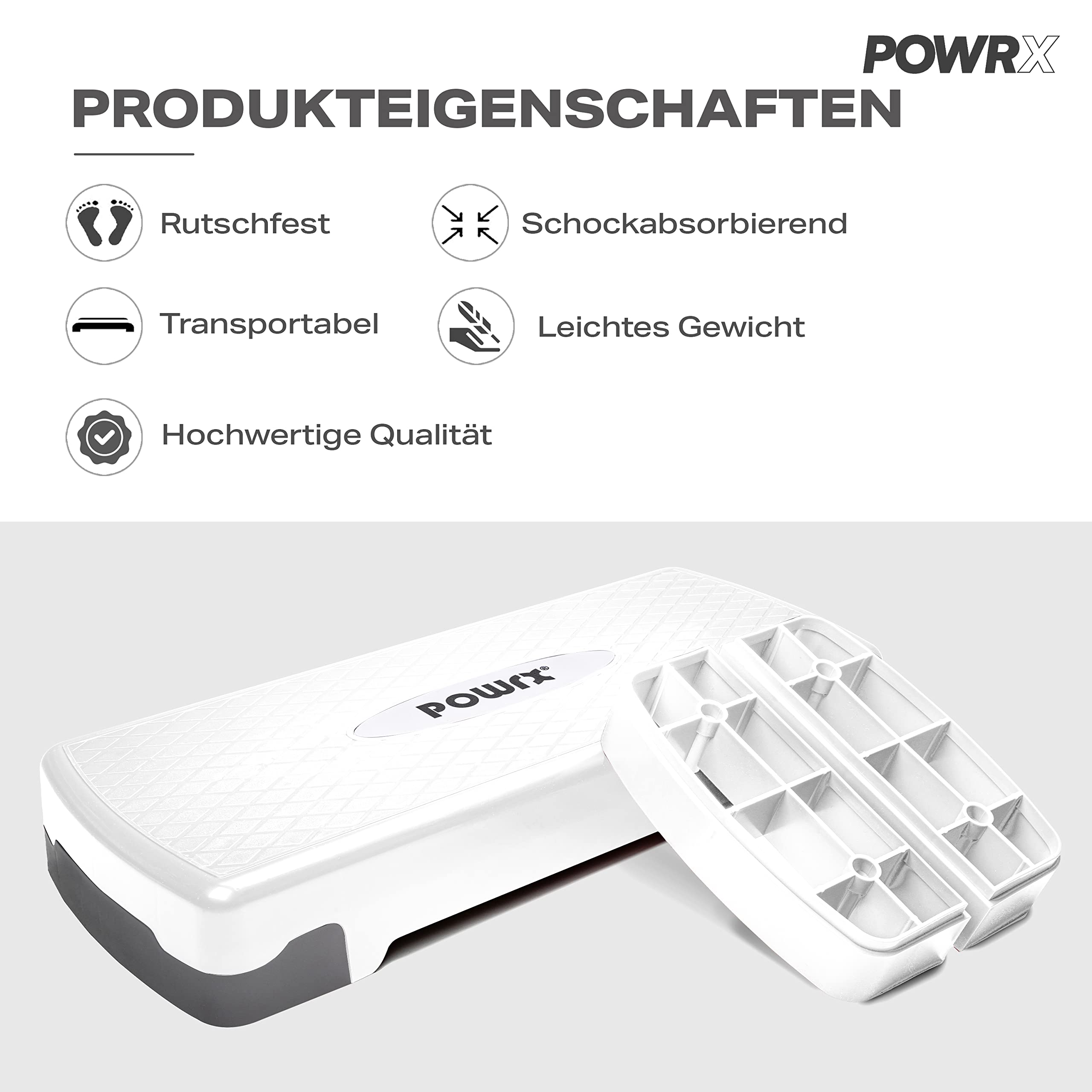 POWRX Steppbrett für Zuhause inkl. Workout I Stepper höhenverstellbar und rutschfest für Aerobic, Gymnastik und Fitness I Home Step Stepbench (Weiß)