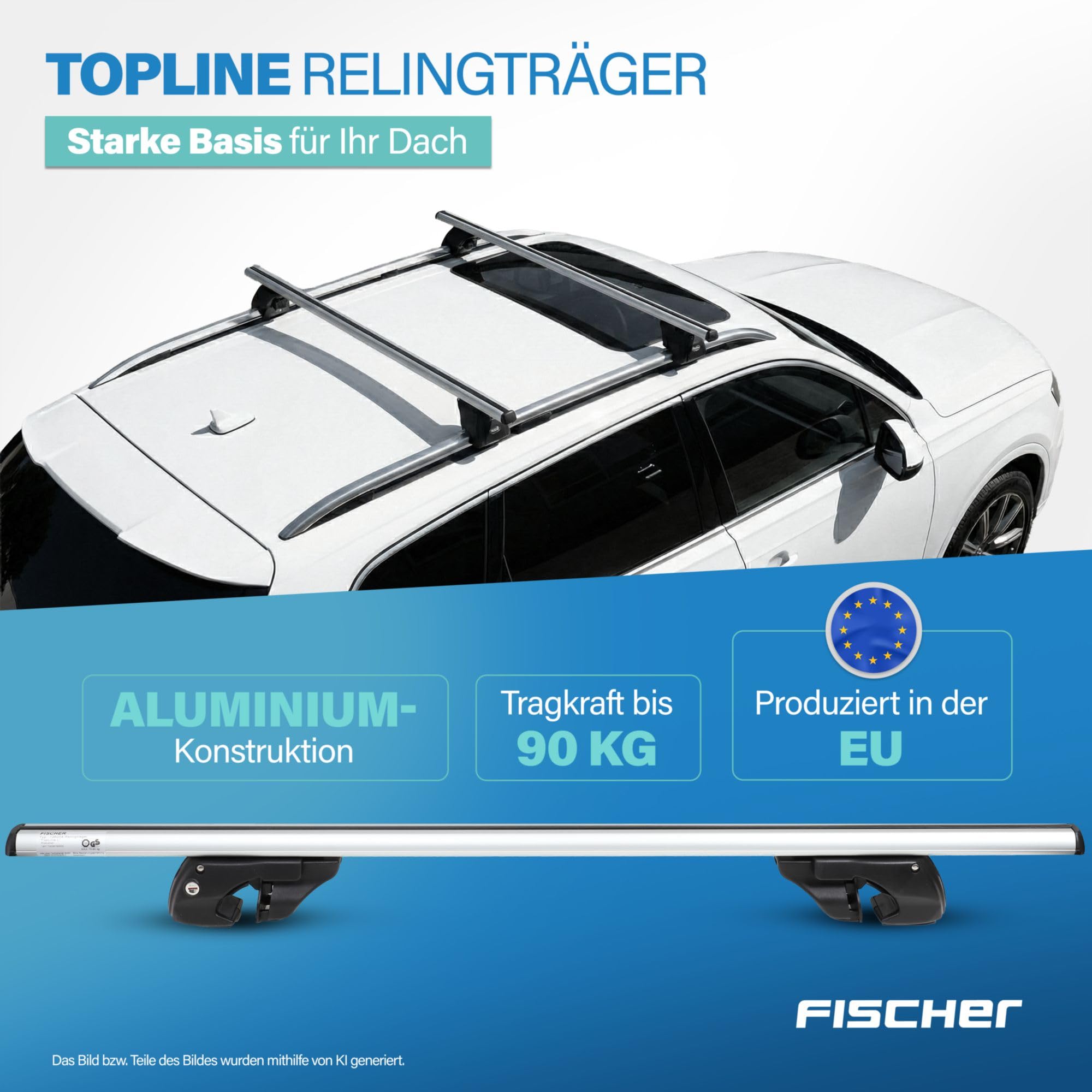 FISCHER Relingträger Topline L, für Fahrradträger, Dachboxen oder als Skihalter, für offene Dachrelinge, Aluminium, Tragkraft 90 kg, vormontiert, inklusive Schloss, Barrenstärke 45 x 28 mm, Barrenlänge 120 cm