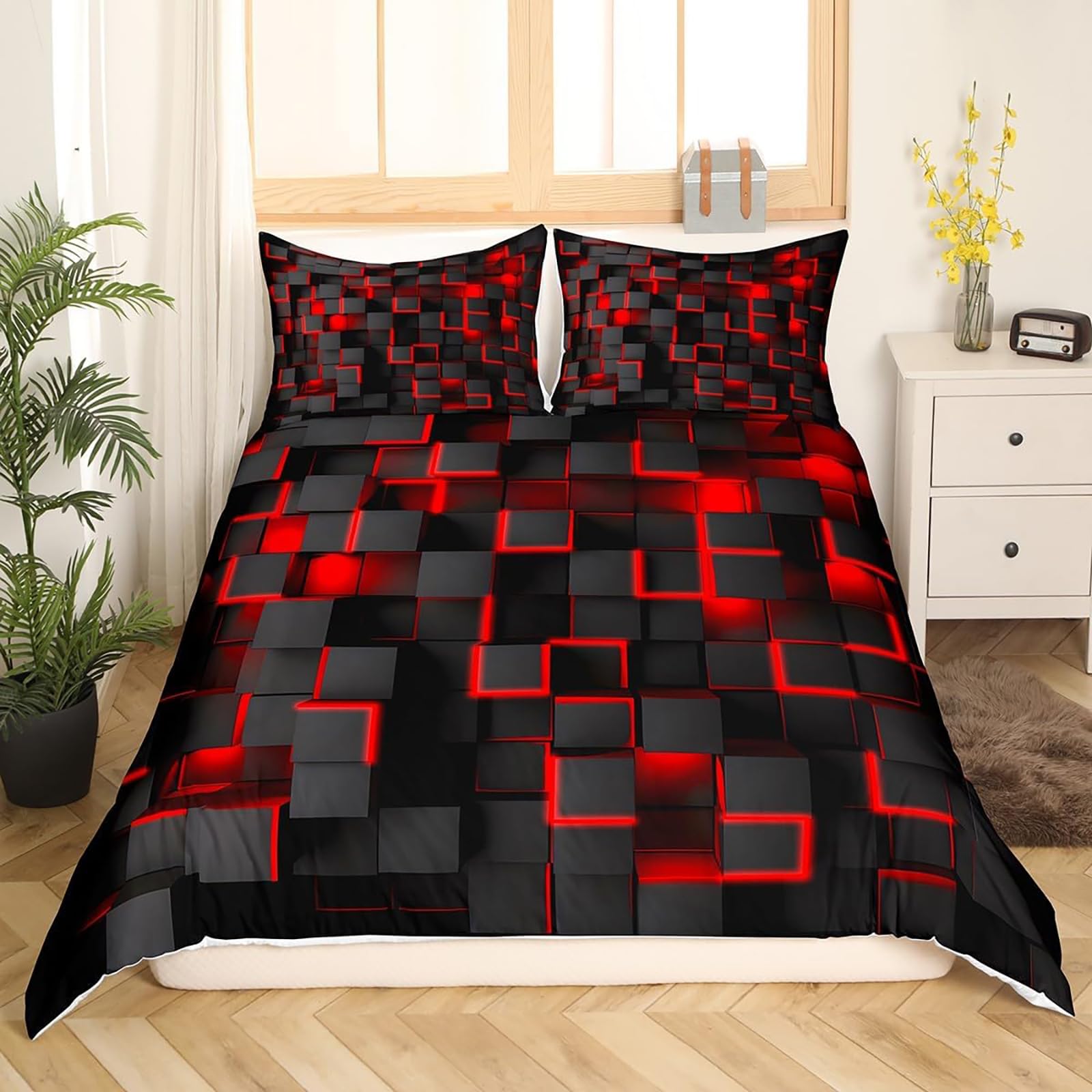 Tabeskly Boys Multicolor2 Kids Geometry Square Lattice Bedding Single Duvet Cover Sets Bed Zipper Red Black 135×200Cm