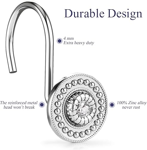 Miniatura 7 de Paquete de 24 ganchos de cortina de ducha cromados y negros, anillos decorativos para cortina de ducha de baño, barras y forro, ganchos de ducha de