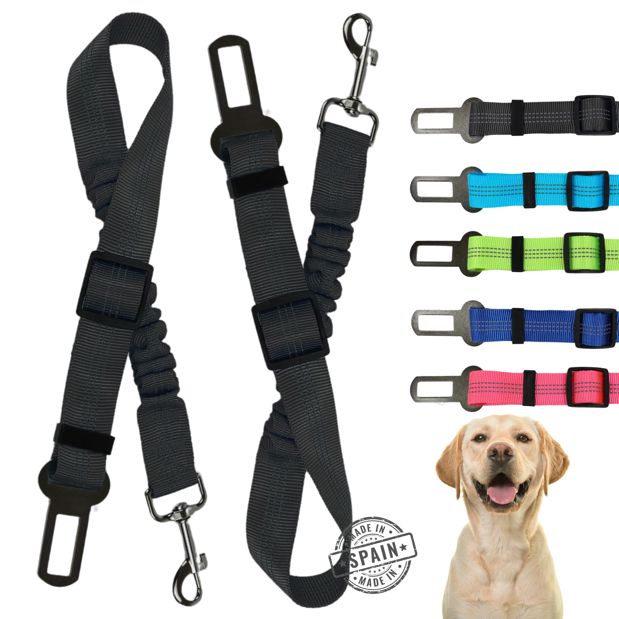 World Products Store Pack 2 Unidades Cinturón Perro Coche – Correa Perro Coche Nylon Ajustable – Cinturón Seguridad Perro Homologado – Broche Universal para Todos Los Vehículos (Negro)