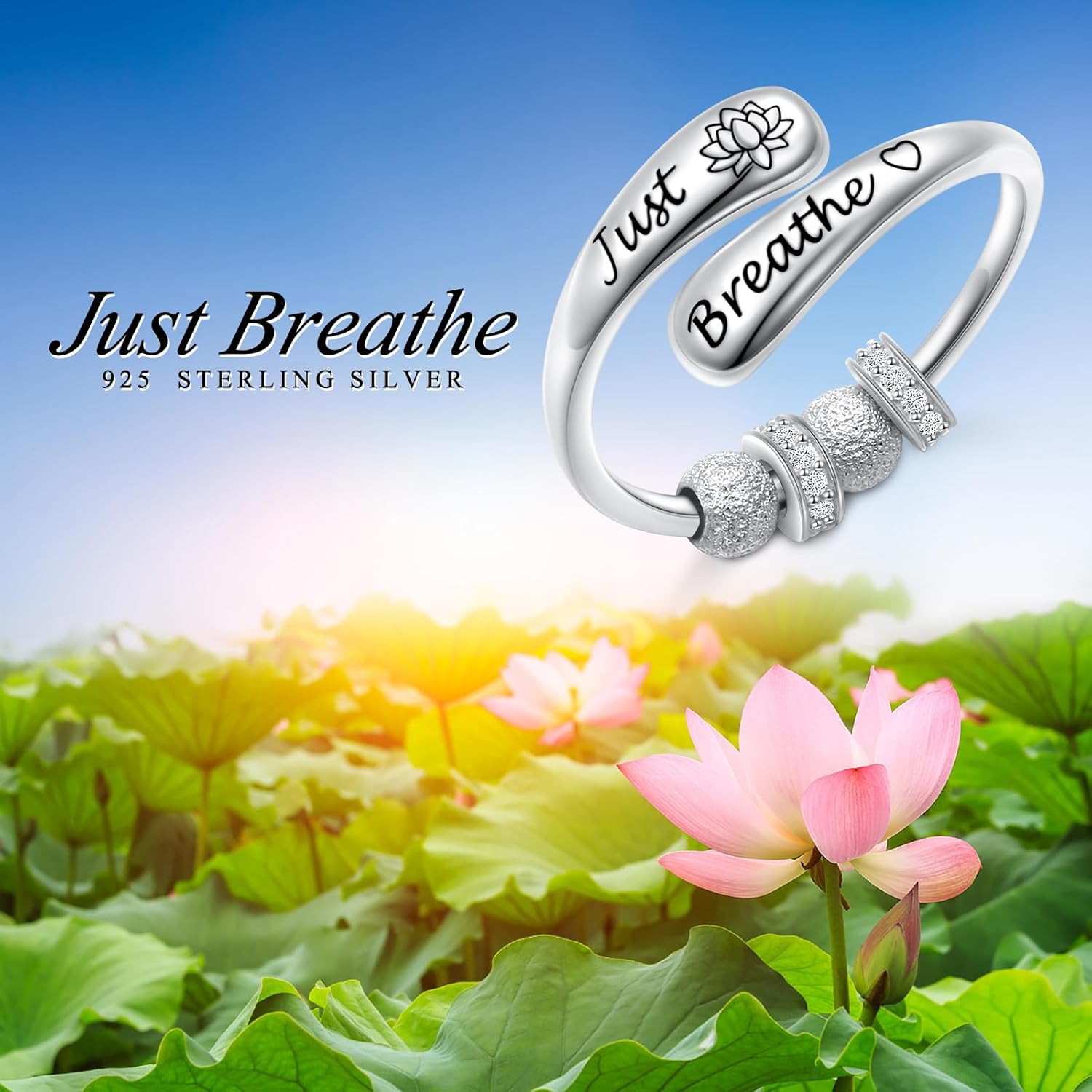 FLYOW Just Breathe Lotus Ring for Women 925 Sterling Silver Adjustable Anxiety Fidget Ring with Spinning Beads Anxiety Relieve Rings Inspirational Christmas Jewelry Gift - Image 2