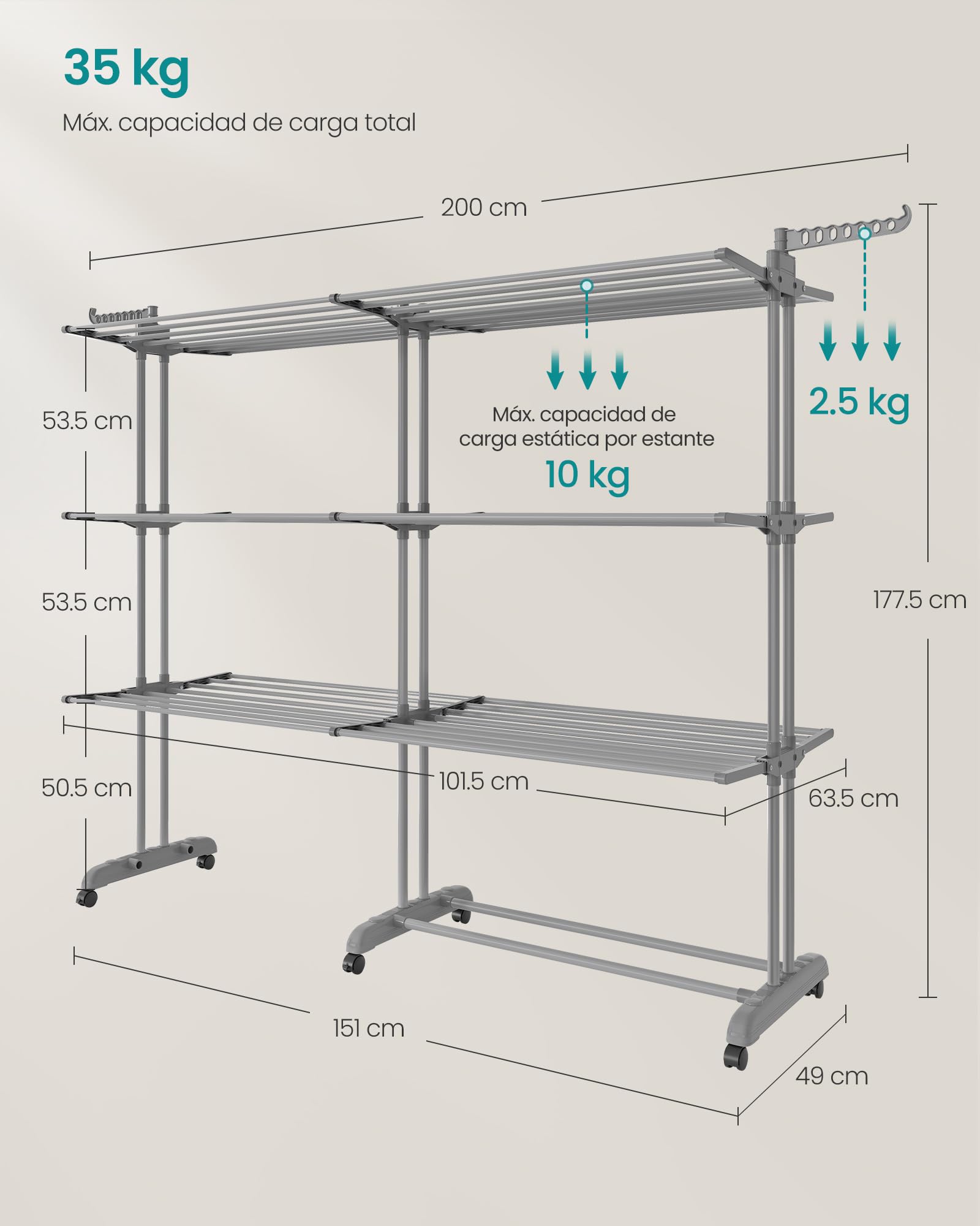 SONGMICS Tendedero Plegable de 4 Niveles, con Ruedas, Alas Plegables, (131-200) x 63,5 x 177,5 cm, Gran Capacidad, Montaje Fácil, Uso Interior y Exterior, Gris LLR704G01