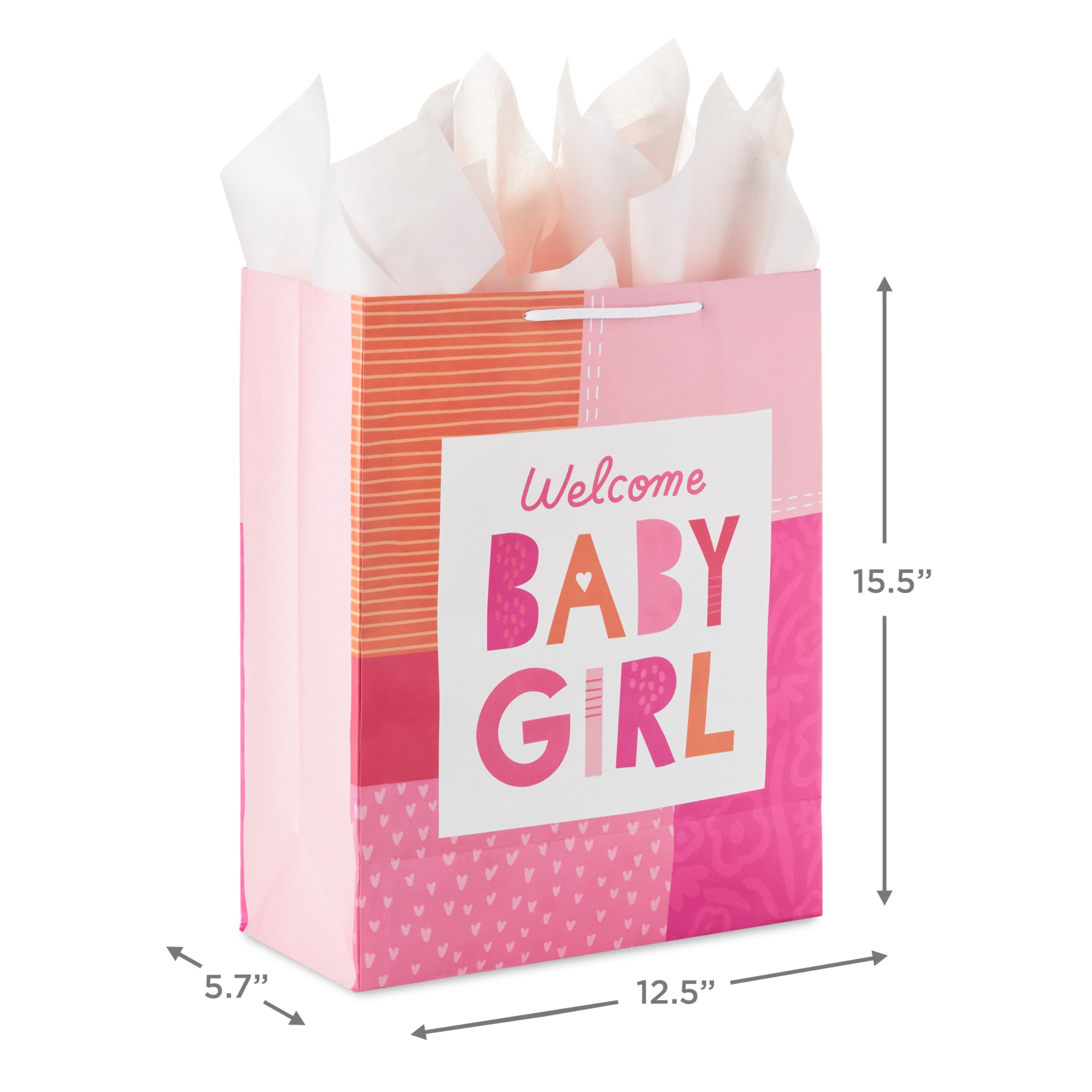 Hallmark 15" Extra Large Gift Bag with Card and Tissue Paper for Baby Shower (Welcome Baby Girl, Pink and Orange) for New Parents, Coworkers, Sister