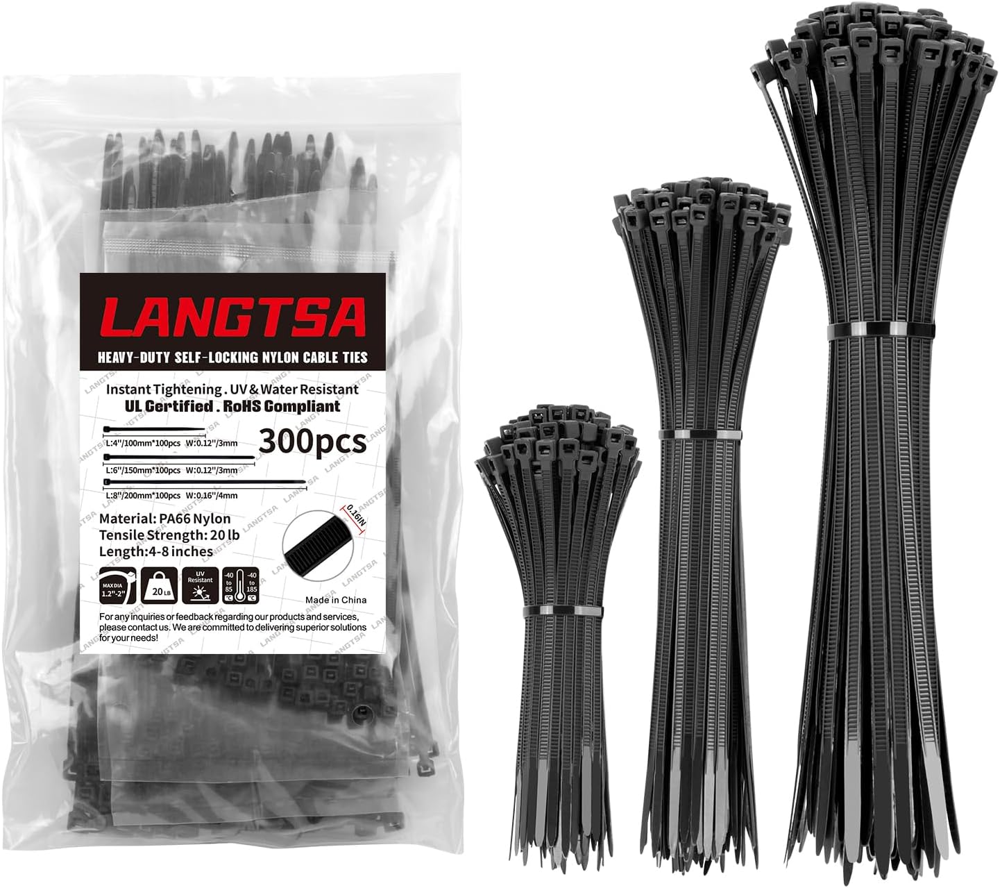 Nylon cable ties in various sizes(4+6+8 Inch) 300 Pcs,Plastic Ties,white Premium Nylon Cable Ties for Home Office Garage Workshop Cable Management by LANGTSA