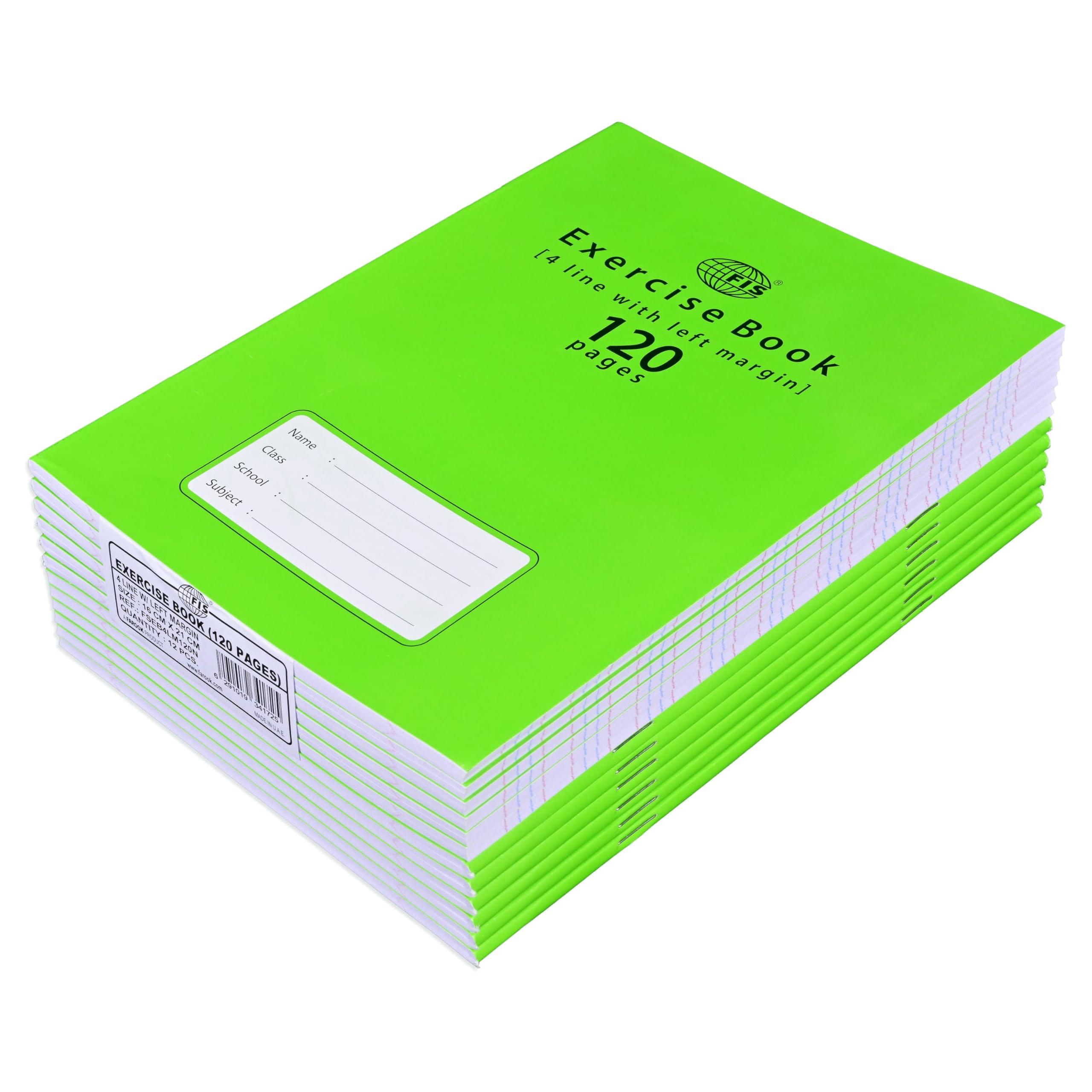 FISExercise Book, Size 165x210mm, 60 Sheets, 120 Pages, 4 Line with Left Margin, Packet of 12 Pieces, Neon Green Cover with Mathematical Info-FSEB4LM120N