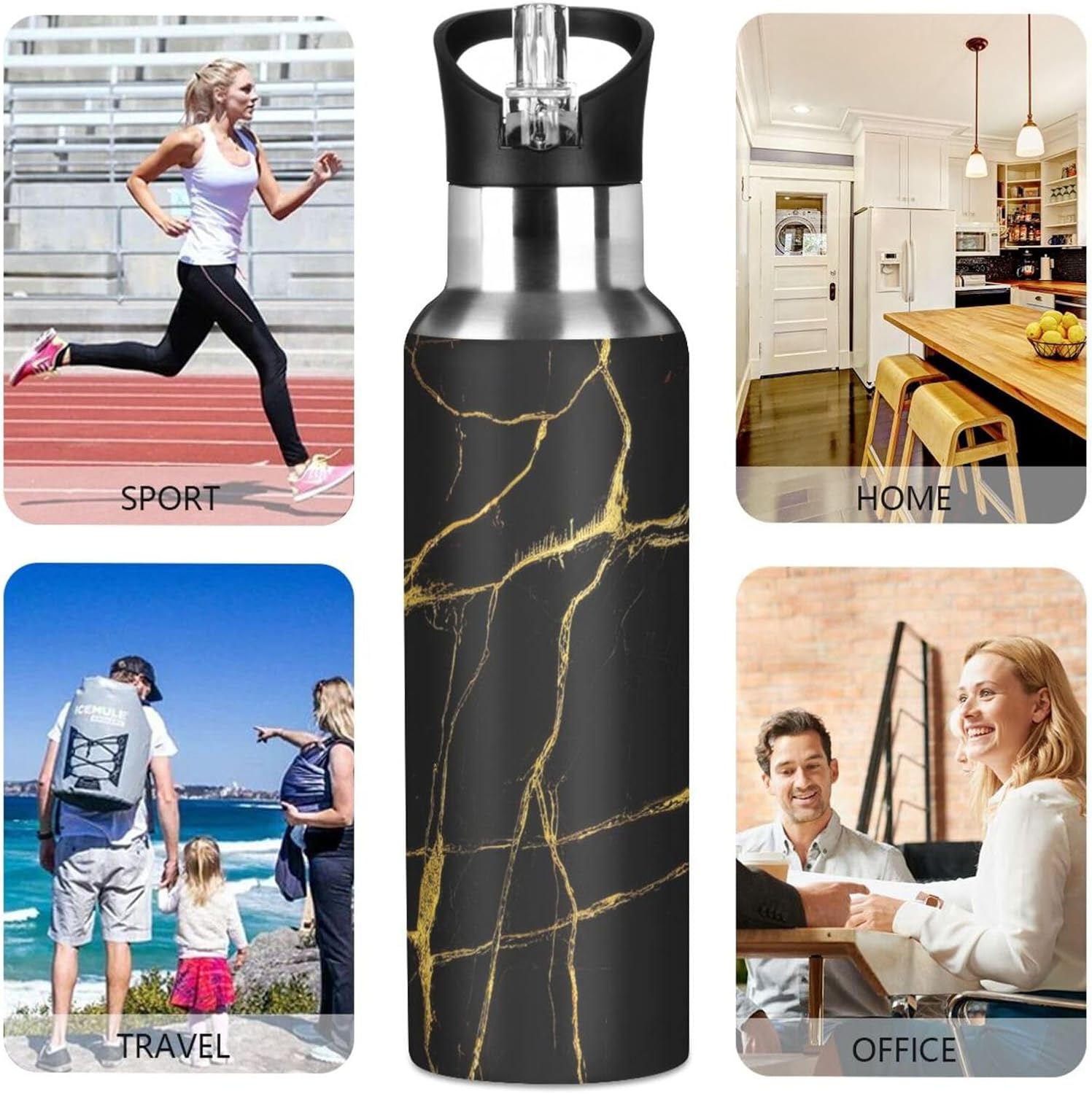 Beautiful Black And Gold Marble Texture Water Bottle Acuum Insulated Stainless Steel Leakproof Wide Mouth Kettle with Straw Lid for Fitness Gym Outdoor Sports