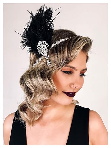 Miniatura 9 de SWEETV Diadema de plumas de los años 20, color marfil, diadema de cristal de plumas de avestruz, accesorios para el cabello de gran Gatsby para