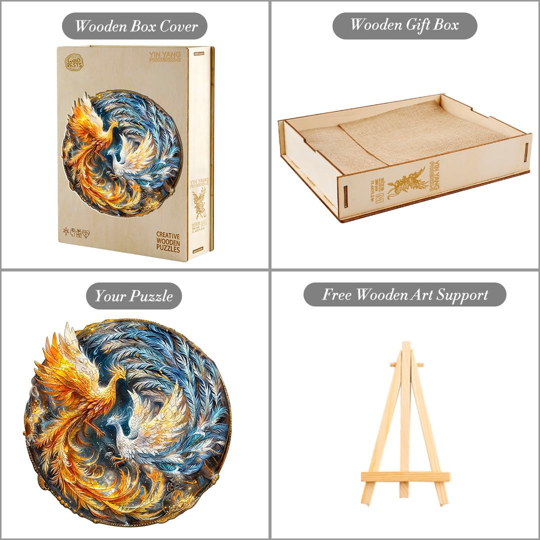 Holzpuzzle Für Erwachsene – Yin Yang Phönix, 100 Teile, Einzigartige Tierformen, In Holz-Geschenkbox, Ca. 21,3 X 21,3 Cm