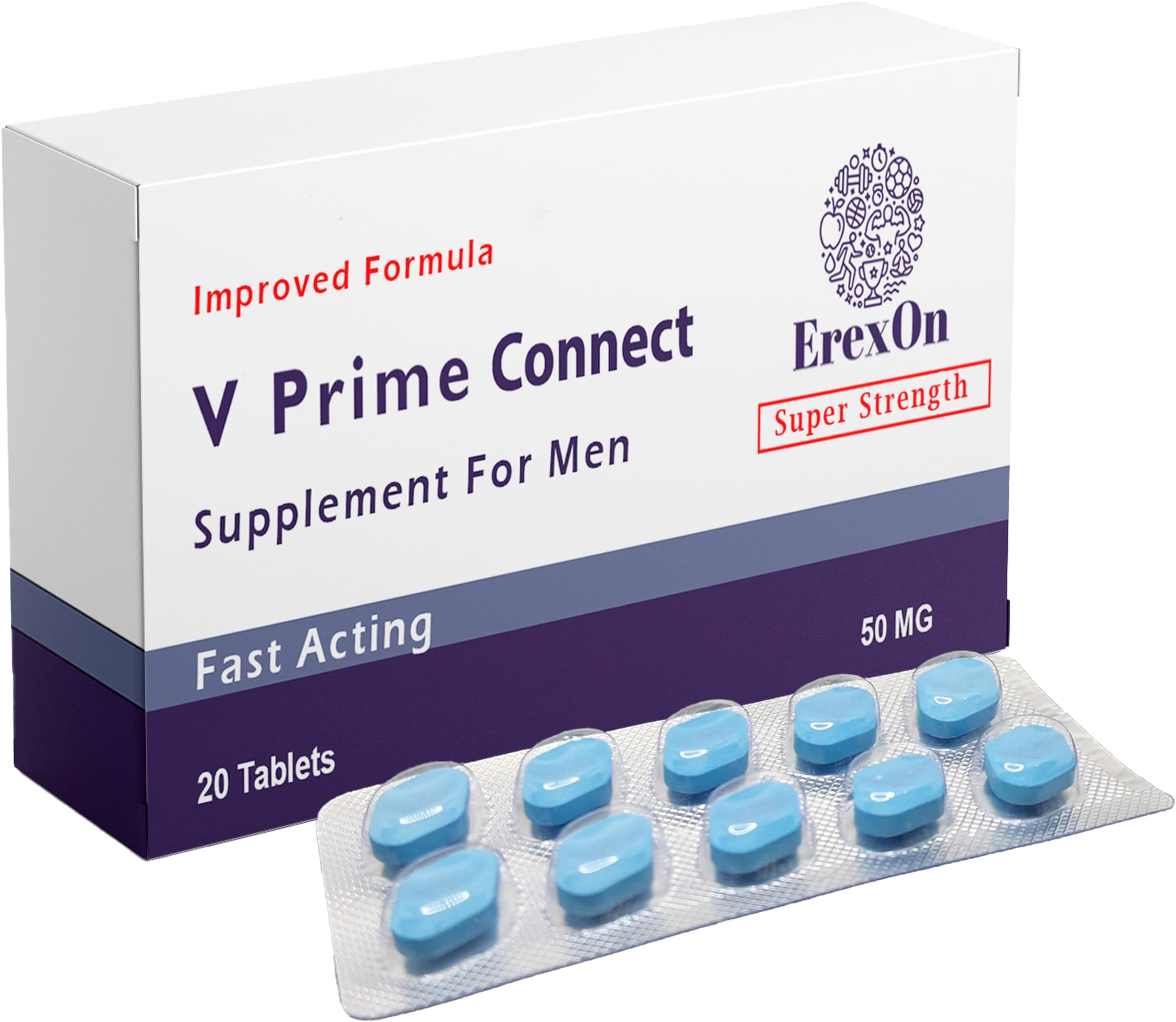 Erexon - V Prime Connect 20 Blue Pills for Men - 50MG Powerful and Fast Acting Tablets - Naturally Extracted Blue Pill Supplement for Energy and Stamina Support - Male Performance & Enhancement
