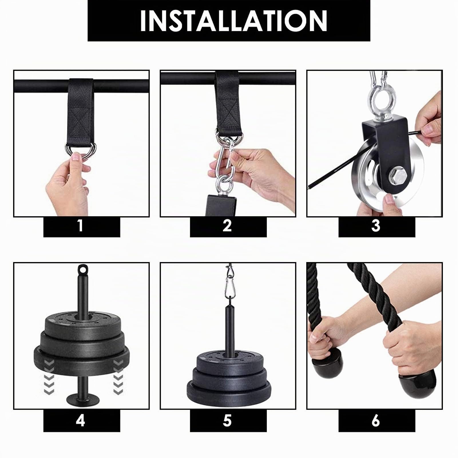 Kabelzug Fitness Set für Zuhause, Seilzug Fitness Trainingsgerät mit Trizepsseil, 9 cm Aluminium-Umlenkrolle, 2 m Stahlseil und Loading Pin für Latzug, Bizeps, Trizeps und Oberkörpertraining