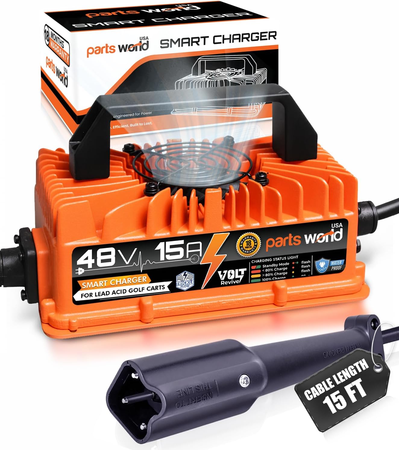 VoltRevive™ 48V 15A Lead-Acid Golf Cart Charger for Yamaha G29 3-Pin Leaf Plug | Fast Charging with TrickleFlow™ | IP67 Waterproof