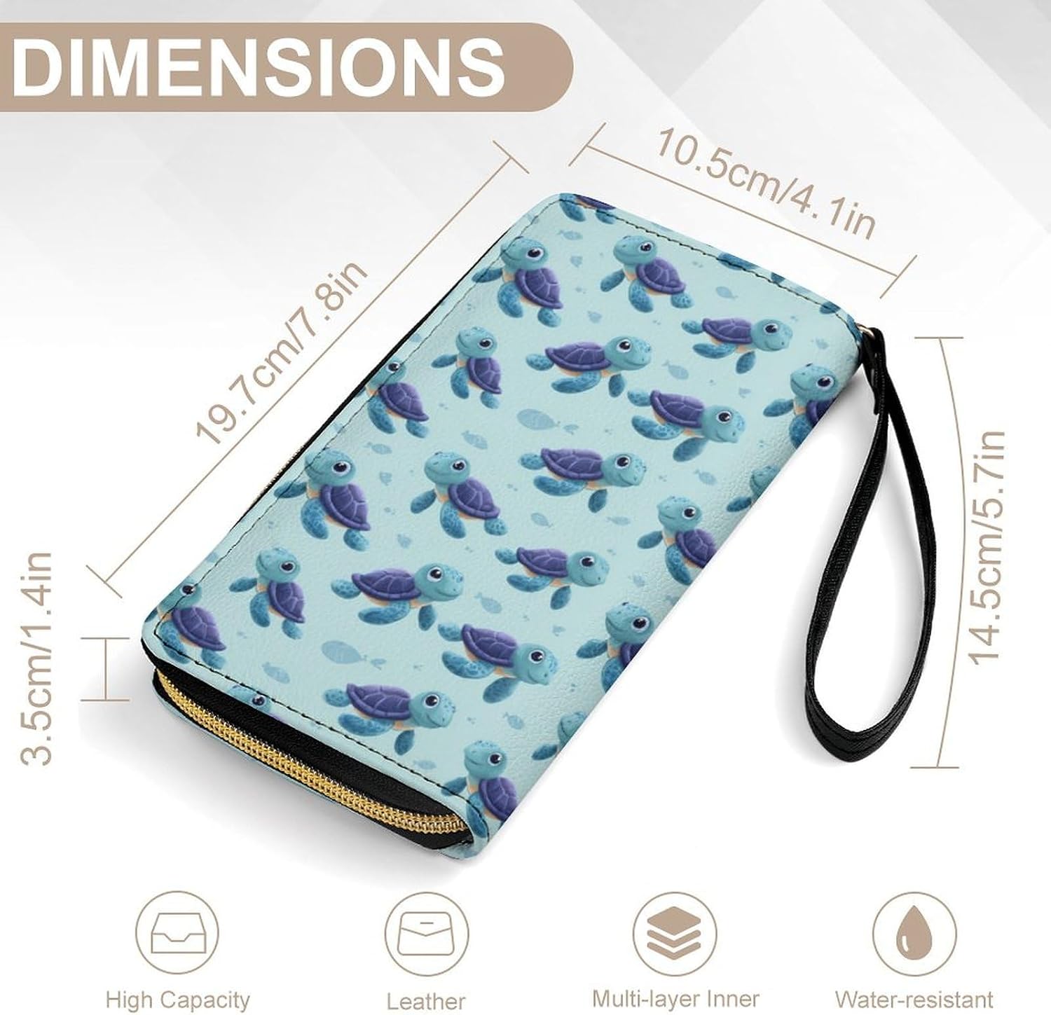 Sea Turtle Cartoon Pattern Long Zippered Pouch Large Clutch Cash Wallet with Rope Handle for Men Women