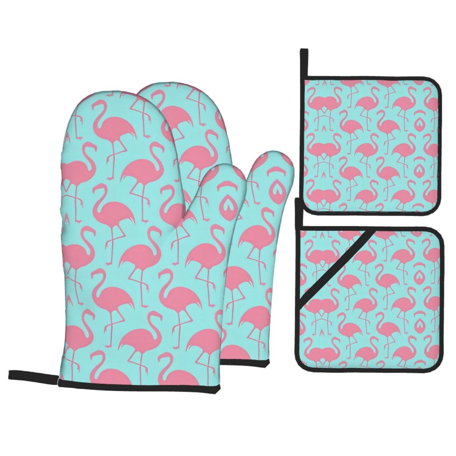 HJFCZH Pink Flamingo Prints Kitchen Covers: Waterproof Oven Layers for Safe Cooking & Easy Cleanup - 4 Piece Heat Protection Set