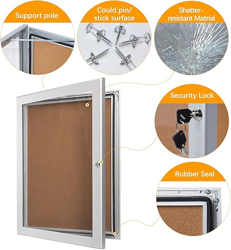 Miniatura 4 de Tablero de anuncios cerrado con bloqueo, tablero de notas de corcho de aluminio, tablero de anuncios para montaje en pared con sello de goma a
