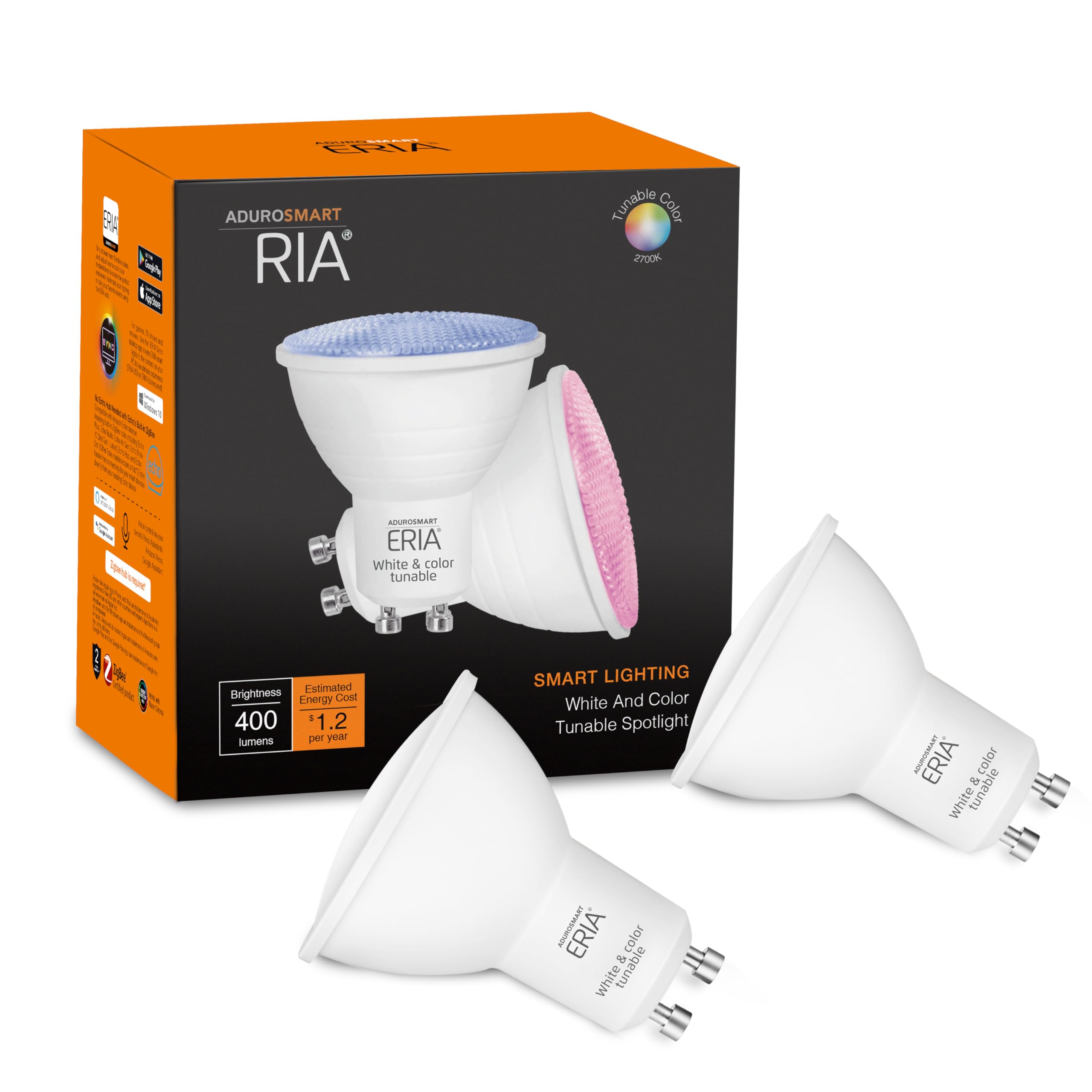 Eria GU10 Smart LED Spot, abstimmbares Farbigen und Weißen Licht, Functioniert, Hue*, SmarThings, Alexa (4th Gen), Google Assistant (Hub erforderlich) (2-Pack)