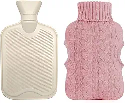 Bolsa Térmica de Água Quente 2 Litros com Capa de Tricô - Para Compressa Quente Ou Fria, Esquentar Mãos e Pés, Alivia Cólicas e Dores Musculares (Rosa)