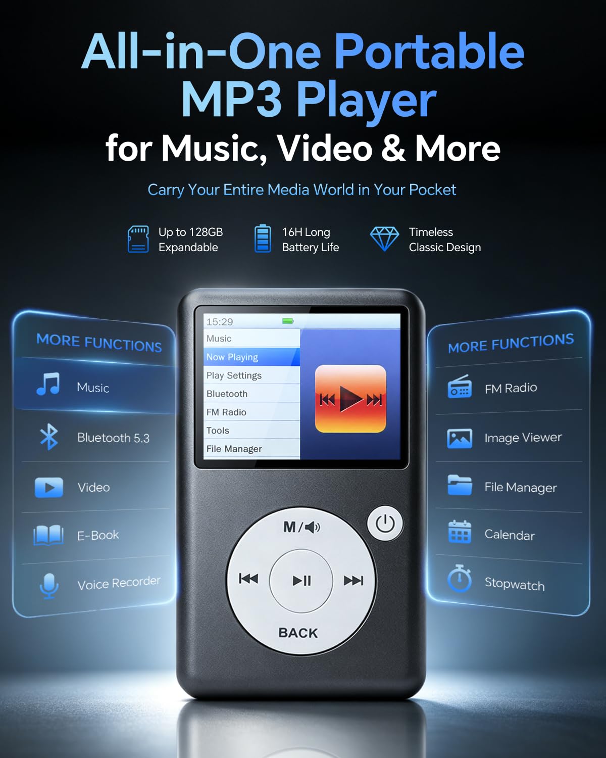 Lettore MP3 Bluetooth 5.3, audio HiFi senza perdita, schermo 2,31", memoria espandibile 128 GB, video 1080P, radio FM, e-book, registrazione, portatile per sport, studio e viaggi
