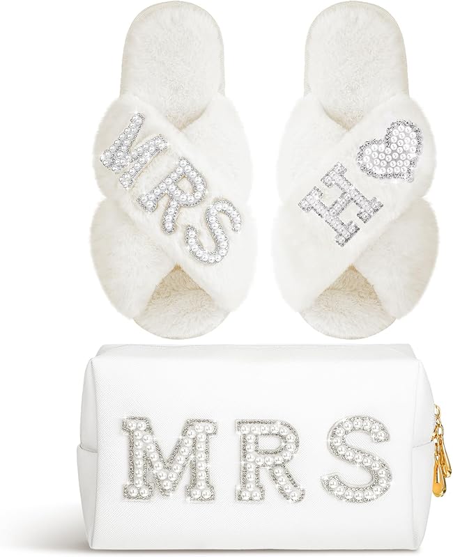 Xtinmee Conjunto com chinelos brancos e nécessaire de maquiagem MRS, modelo H