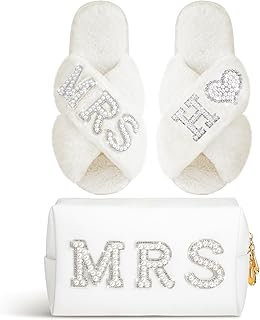 Xtinmee Personalized Initial Wedding Bride Slippers MRS Pearl Letter Makeup Bag Bridal Shower Gifts for Wedding Day (H)